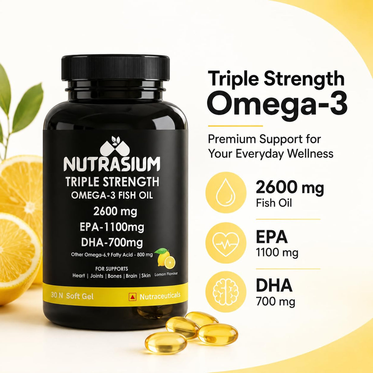 Nutrasium Omega-3 Fish Oil 2600mg | Heart Brain Eye Joints | 60 Softgels