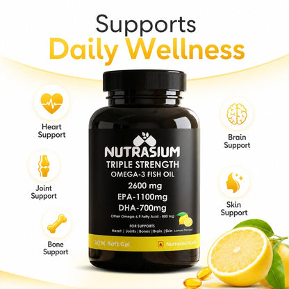 Nutrasium Omega-3 Fish Oil 2600mg | Triple Strength | Heart Brain Eye Joint Skin Bone | 30 Softgels
