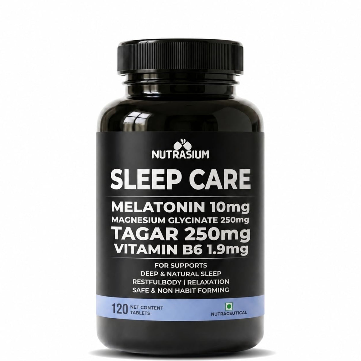 Nutrasium Melatonin 10 mg Sleeping Pill with Tagar 250 mg | Sleep Supplement for Men & Women | Melatonin Tablet for Restful & Deep Natural Sleeps | Sleep Care Tablets 120 (120 Tablets, Sleep Care)
