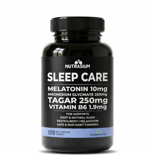 Nutrasium Melatonin 10 mg Sleeping Pill with Tagar 250 mg | Sleep Supplement for Men & Women | Melatonin Tablet for Restful & Deep Natural Sleeps | Sleep Care Tablets 120 (120 Tablets, Sleep Care)