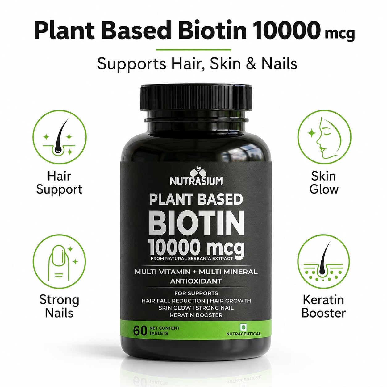 Nutrasium Biotin 10,000 mcg with multivitamin & Minerals | For supports Hair Growth | For Control Hair fall, Hair damge & Hair splitting | 120 tablets