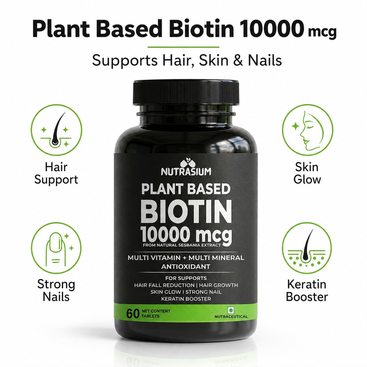 Nutrasium Plant Based Biotin, Collagen Booster, Keratin Builder with Amino Acid and Minerals | For Hair, Skin & Nail Radiance | Hair Vitamin (Biotin Collagen Booster Blend- 120 Tablets)