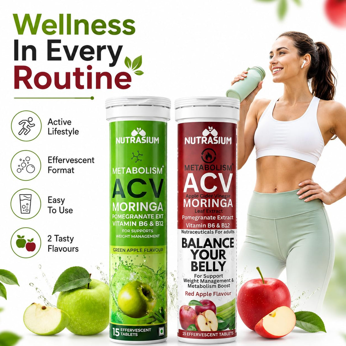 Nutrasium ACV Moringa Metabolism Plus | Apple Cider Vinegar Effervescent Tablet | For Supports Weight Loss, Control Cravings, Convert Fat Into Energy, Boost Energy & Immunity | 30 Tablets Mix Fruit