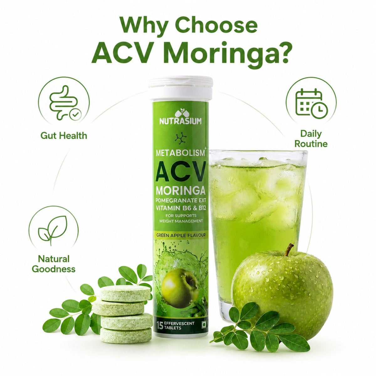 Nutrasium ACV Moringa Metabolism Plus | Apple Cider Vinegar Effervescent Tablet | For Supports Weight Loss, Control Cravings, Convert Fat Into Energy, Boost Energy & Immunity | 60 Tablets Green apple