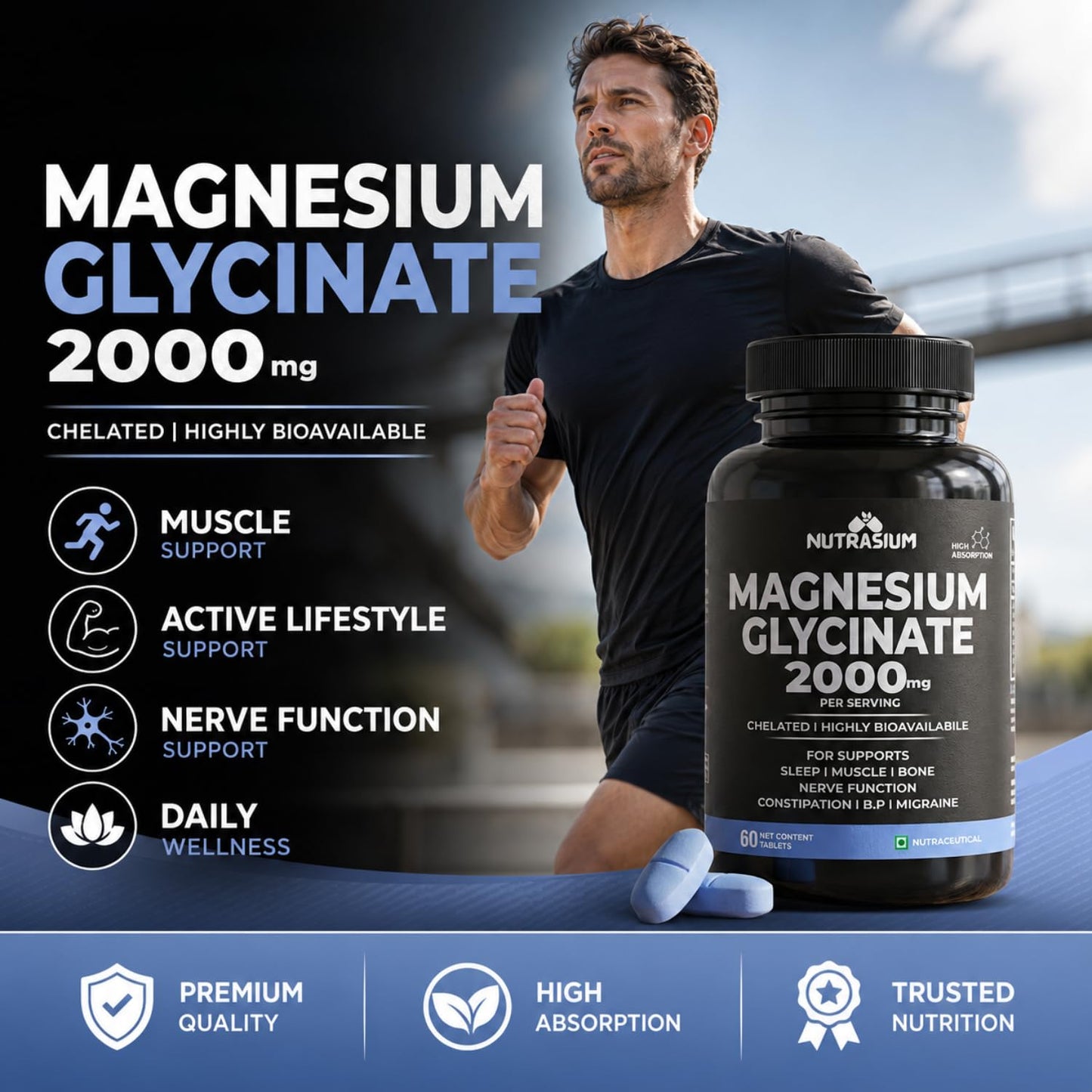 Nutrasium Magnesium glycinate 2000 mg Per Serving | Chealted & High Absorbtion | For Deep Natural Sleep, Muscle Relaxation, Supports Heart & Nerve Function | 60 Tablets