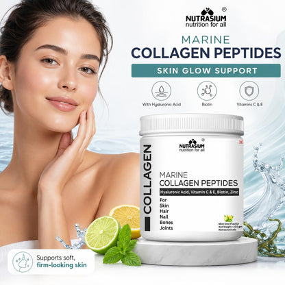 Nutrasium Marine Collagen Supplement with Vitamin C & Hyaluronic acid for Men & Women | Skin, Joints, Hair & Nails | Hydrolyzed Peptides Fast Absorption | Added Biotin & Zinc | 200 Gram Refrashing Lemin Mint Flavour (200 gm, Lemon Mint)