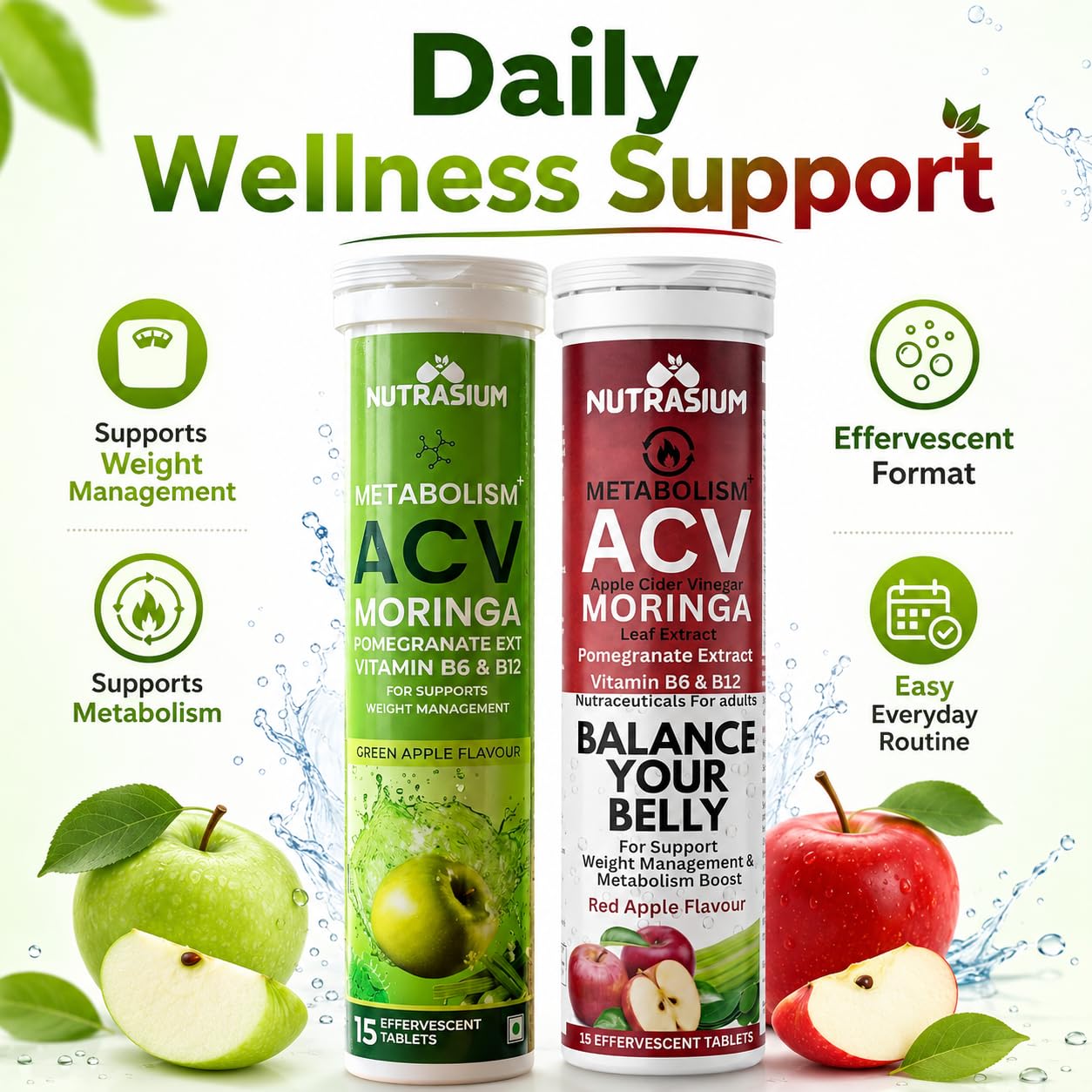 Nutrasium ACV Moringa Metabolism Plus | Apple Cider Vinegar Effervescent Tablet | For Supports Weight Loss, Control Cravings, Convert Fat Into Energy, Boost Energy & Immunity | 30 Tablets Mix Fruit