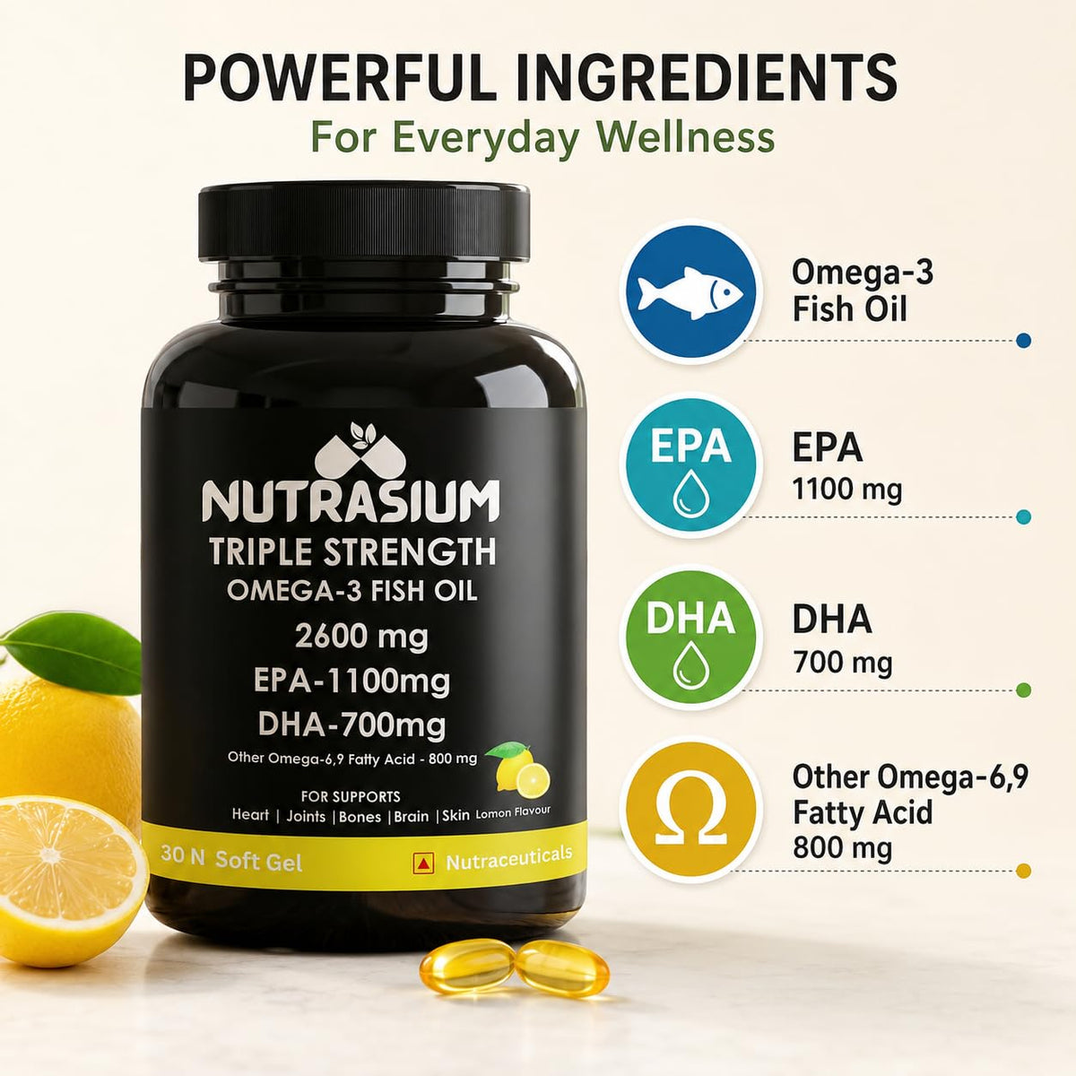 Nutrasium Omega-3 Fish Oil 2600mg | Triple Strength | Heart Brain Eye Joint Skin Bone | 30 Softgels