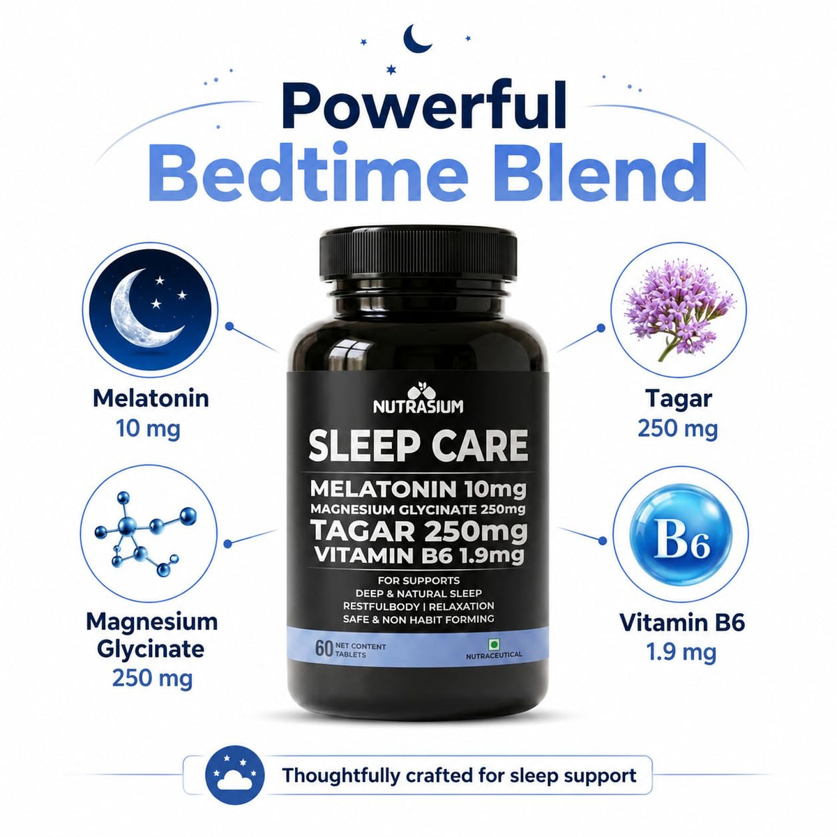 Nutrasium Melatonin 10 mg Sleeping Pill with Tagar 250 mg | Sleep Supplement for Men & Women | Melatonin Tablet for Restful & Deep Natural Sleeps | Sleep Care Tablets 120 (120 Tablets, Sleep Care)