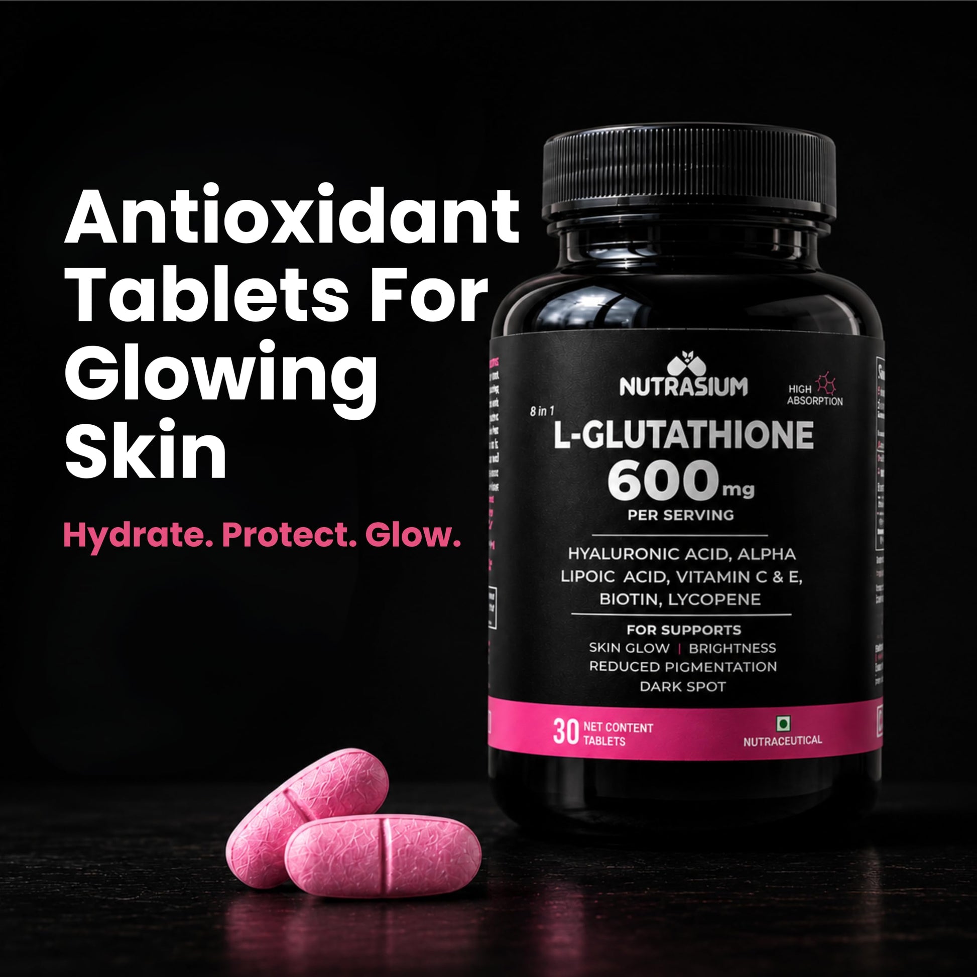 Nutrasium | Glutathione tablets for skin Glow | L-Glutathione 600 mg with Hyaluronic Acid & Biotin | For Skin Glow, Brightening, Hydration, Even skin tone & Skin Radiance | Added Vitamin C & E with Lycopene | 30 Tablets
