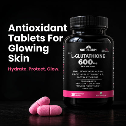 Nutrasium | Glutathione tablets for skin Glow | L-Glutathione 600 mg with Hyaluronic Acid & Biotin | For Skin Glow, Brightening, Hydration, Even skin tone & Skin Radiance | Added Vitamin C & E with Lycopene | 30 Tablets