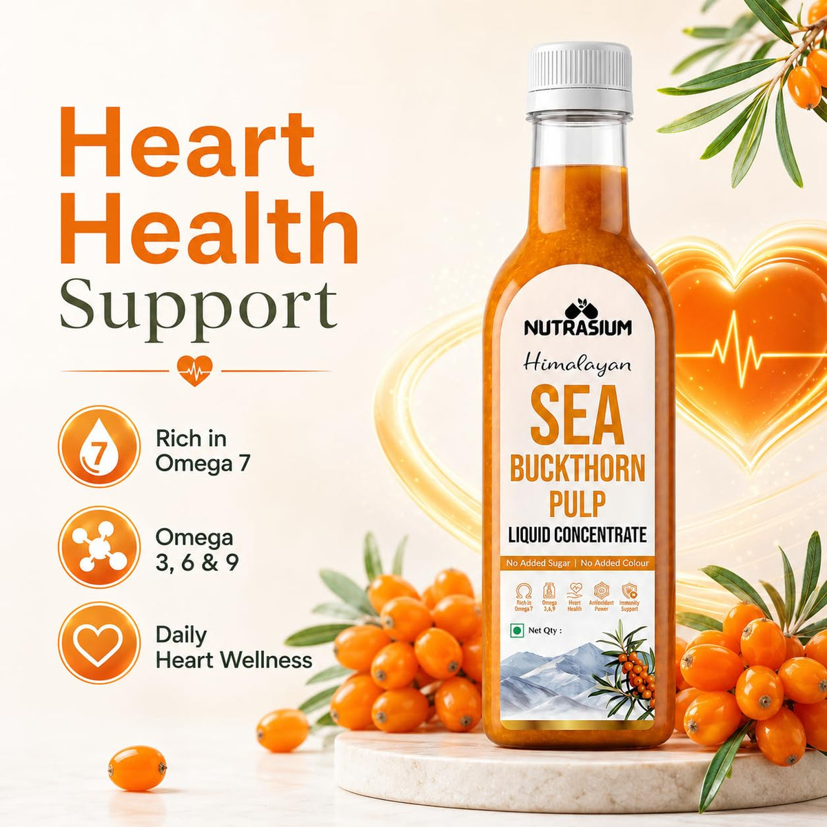 Nutrasium Sea Buckthorn Pulp Concentrate 1000 ml | Cold Pressed Himalayan Sea Buckthorn Berry Liquid Concentrate | Natural Source of Vitamin C & Omega 3, 6, 7 & 9 | Pack Of 2