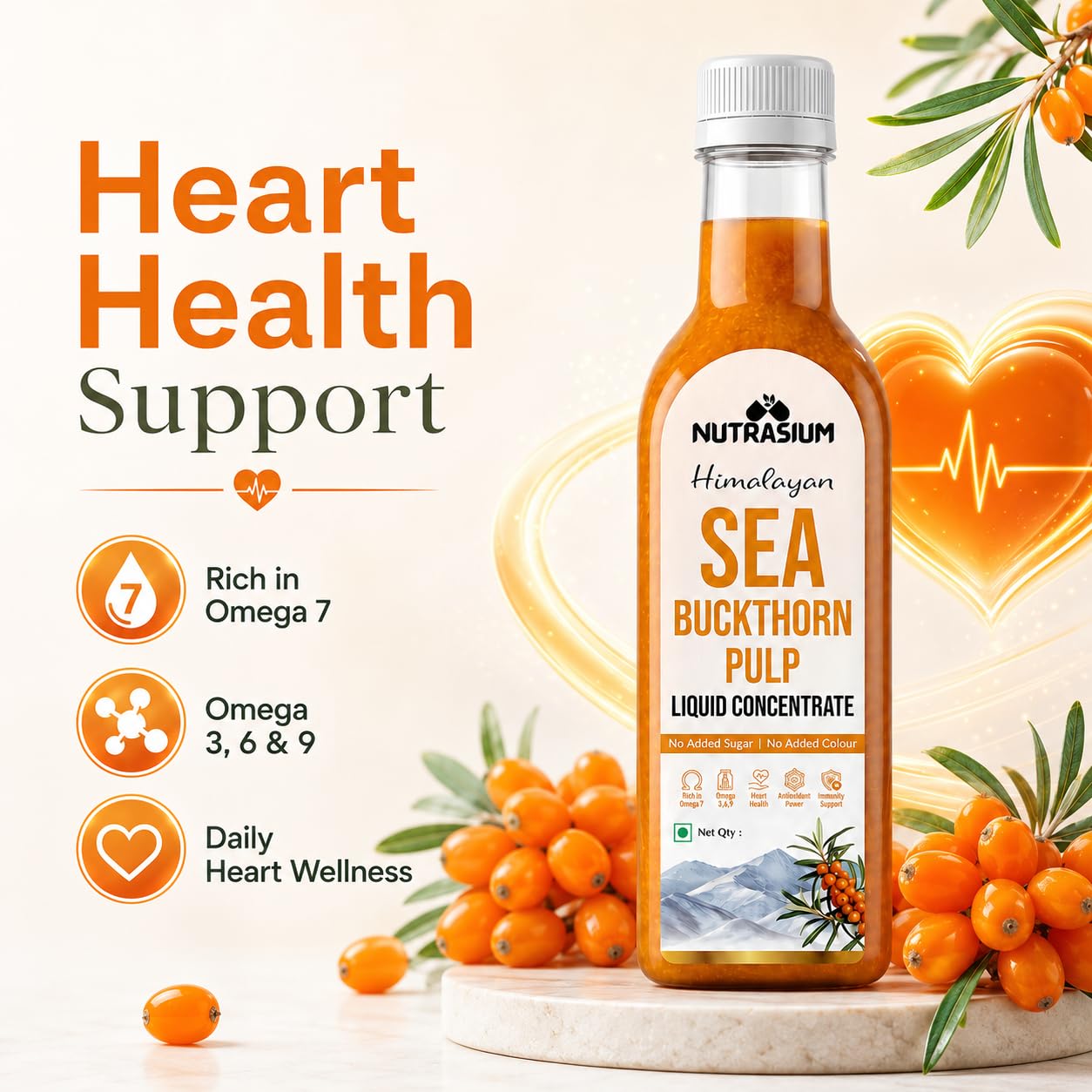 Nutrasium Sea Buckthorn Pulp Concentrate 500 ml | Cold Pressed Himalayan Sea Buckthorn Berry Liquid Concentrate | Natural Source of Vitamin C & Omega 3, 6, 7 & 9 | For Skin, Joints, Immunity, Stamina and Wellness | 50 Glasses