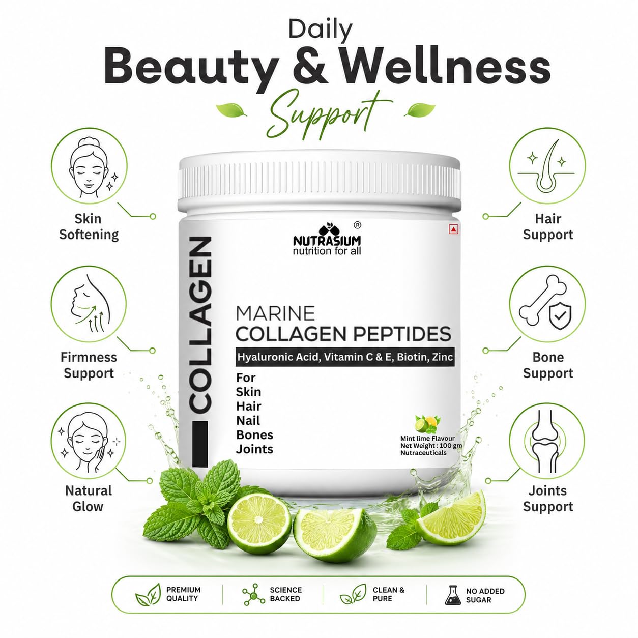 Nutrasium Marine Collagen Supplement with Vitamin C & Hyaluronic acid for Men & Women | Skin, Joints, Hair & Nails | Hydrolyzed Peptides Fast Absorption | Added Biotin & Zinc | 200 Gram Refrashing Lemin Mint Flavour (200 gm, Lemon Mint)