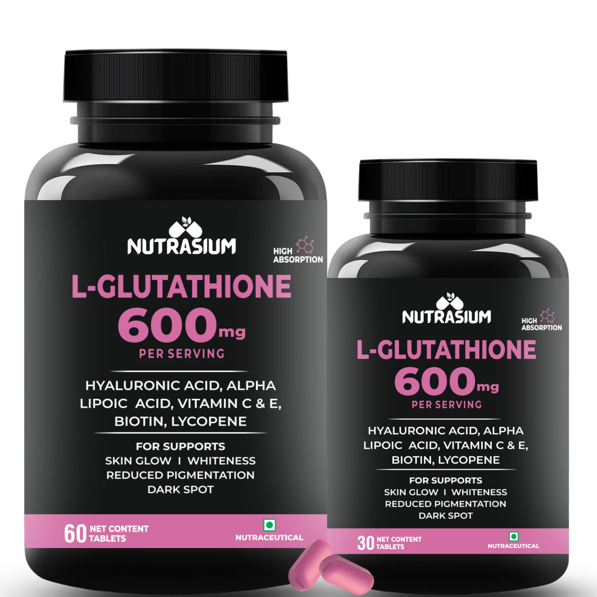 Nutrasium L-Glutathione 600 mg with Hyaluronic Acid & Biotin | For Skin Glow, Hydration, Dark spot & Skin Radiance | Added Vitamin C & E with Lycopene | 90 Tablets