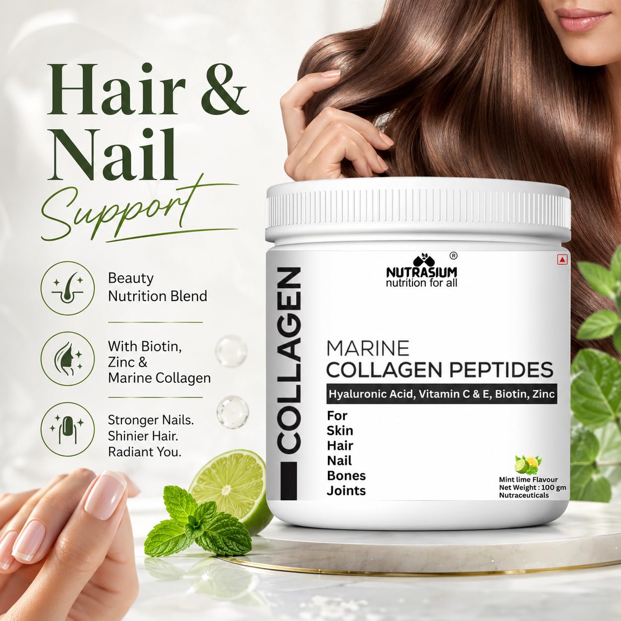 Nutrasium Marine Collagen Supplement with Vitamin C & Hyaluronic acid for Men & Women | Skin, Joints, Hair & Nails | Hydrolyzed Peptides Fast Absorption | Added Biotin & Zinc | 200 Gram Refrashing Lemin Mint Flavour (200 gm, Lemon Mint)
