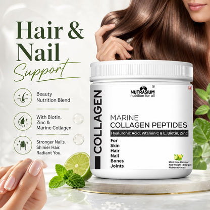 Nutrasium Marine Collagen Supplement with Vitamin C & Hyaluronic acid for Men & Women | Skin, Joints, Hair & Nails | Hydrolyzed Peptides Fast Absorption | Added Biotin & Zinc | 200 Gram Refrashing Lemin Mint Flavour (200 gm, Lemon Mint)