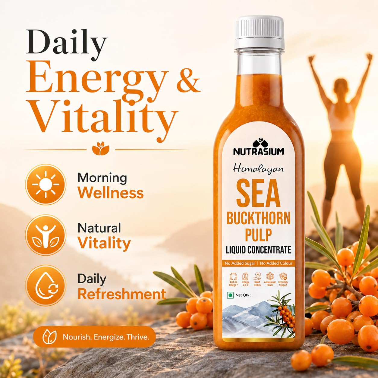 Nutrasium Sea Buckthorn Pulp Concentrate 1000 ml | Cold Pressed Himalayan Sea Buckthorn Berry Liquid Concentrate | Natural Source of Vitamin C & Omega 3, 6, 7 & 9 | Pack Of 2