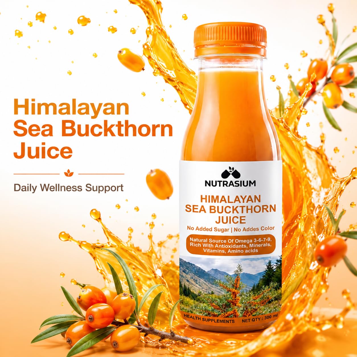Nutrasium Sea Buckthorn Juice 300ml | Vitamin C | Omega 3-6-7-9 | 100% Pure