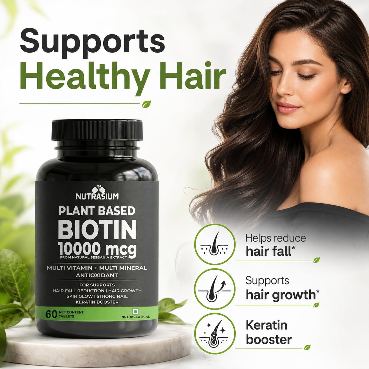 Nutrasium Biotin 10,000 mcg with multivitamin & Minerals | For supports Hair Growth | For Control Hair fall, Hair damge & Hair splitting | 120 tablets