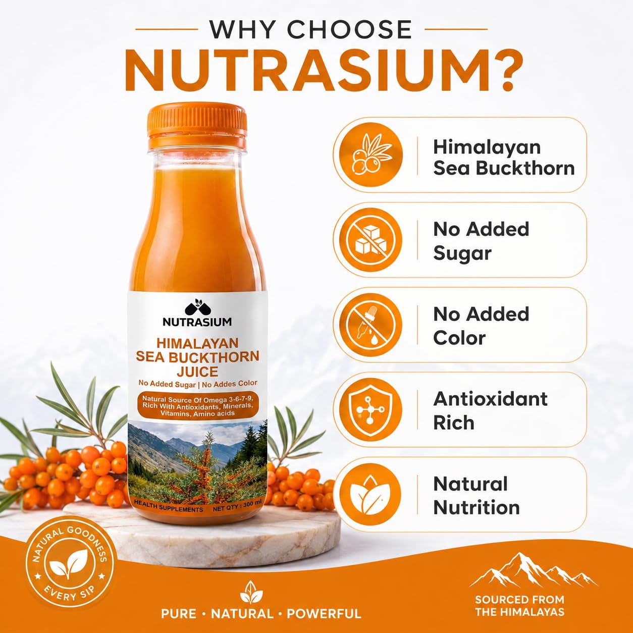 Nutrasium Sea Buckthorn Juice 300ml | Vitamin C | Omega 3-6-7-9 | 100% Pure