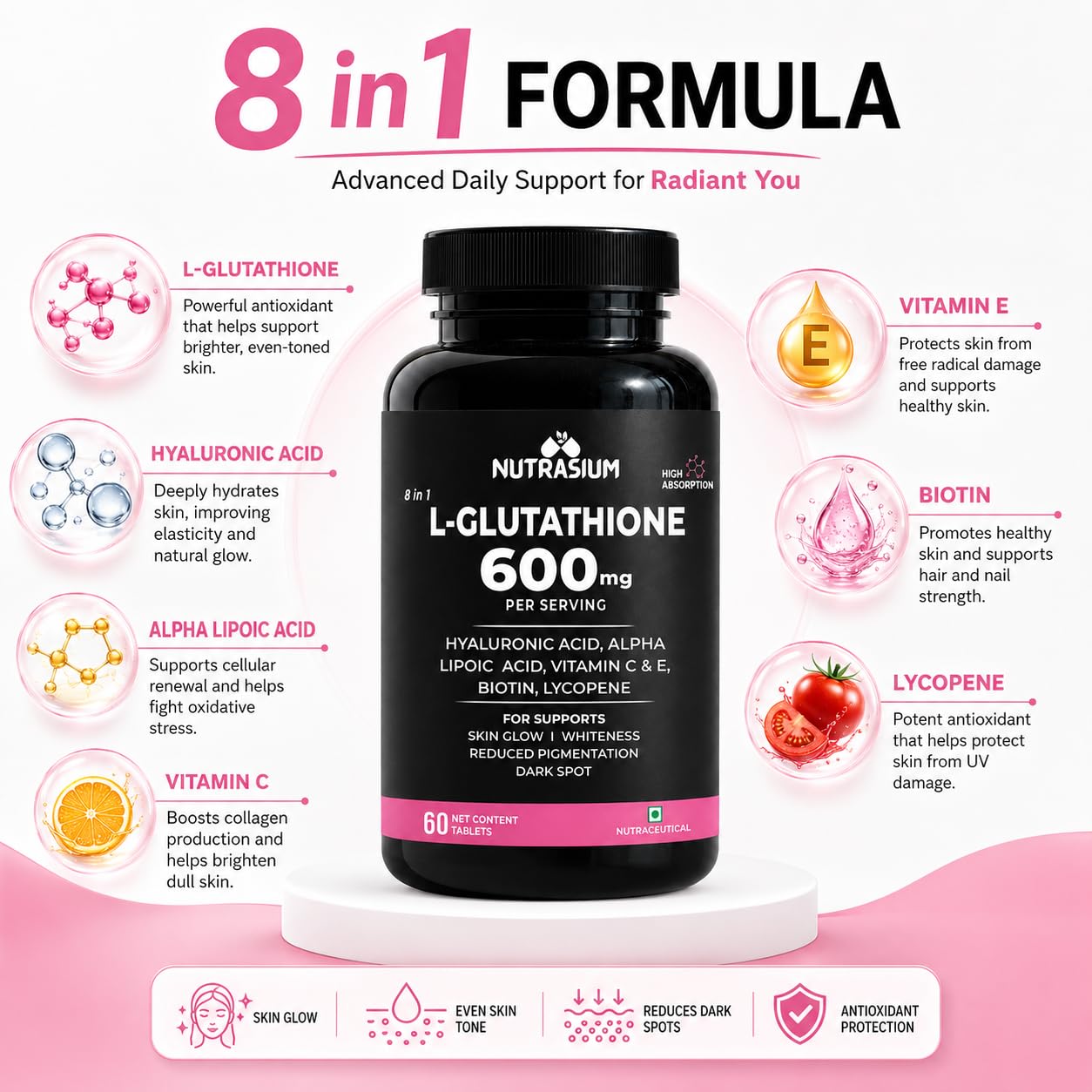 Nutrasium | Glutathione tablets for skin Glow | L-Glutathione 600 mg with Hyaluronic Acid & Biotin | For Skin Glow, Brightening, Hydration, Even skin tone & Skin Radiance | Added Vitamin C & E with Lycopene | 30 Tablets