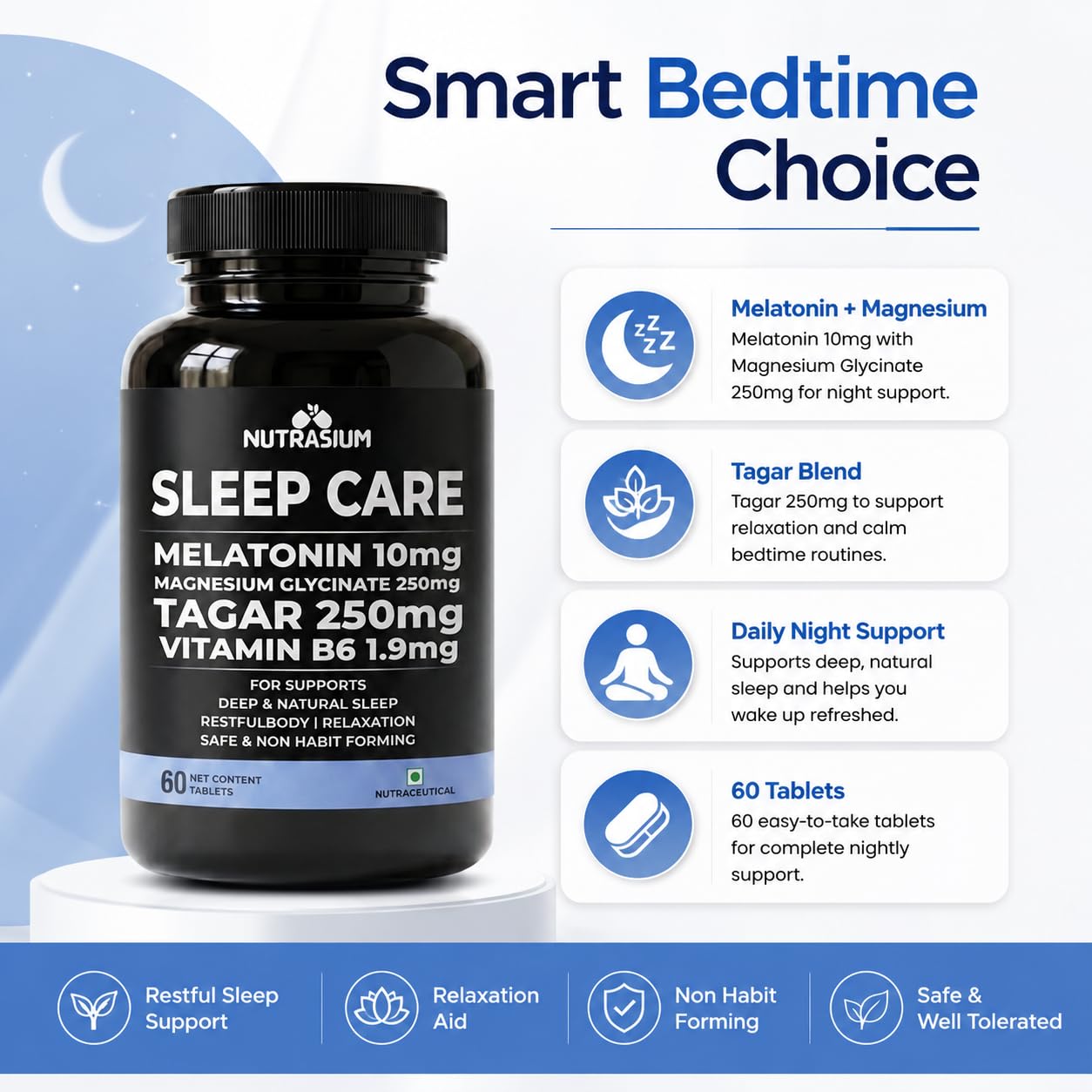 Nutrasium Melatonin 10 mg Sleeping Pill with Tagar 250 mg | Sleep Supplement for Men & Women | Melatonin Tablet for Restful & Deep Natural Sleeps | Sleep Care Tablets 120 (120 Tablets, Sleep Care)