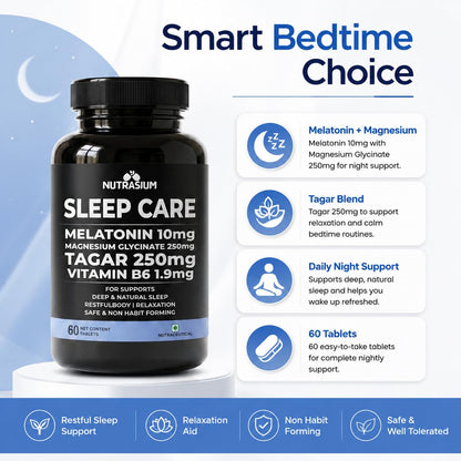Nutrasium Melatonin 10 mg Sleeping Pill with Tagar 250 mg | Sleep Supplement for Men & Women | Melatonin Tablet for Restful & Deep Natural Sleeps | Sleep Care Tablets 120 (120 Tablets, Sleep Care)