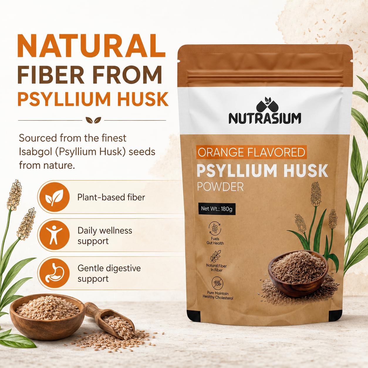 Nutrasium Psyllium Husk Powder 360g (Pack of 2) | Isabgol | Natural Dietary Fiber | Supports Digestive Health & Regularity