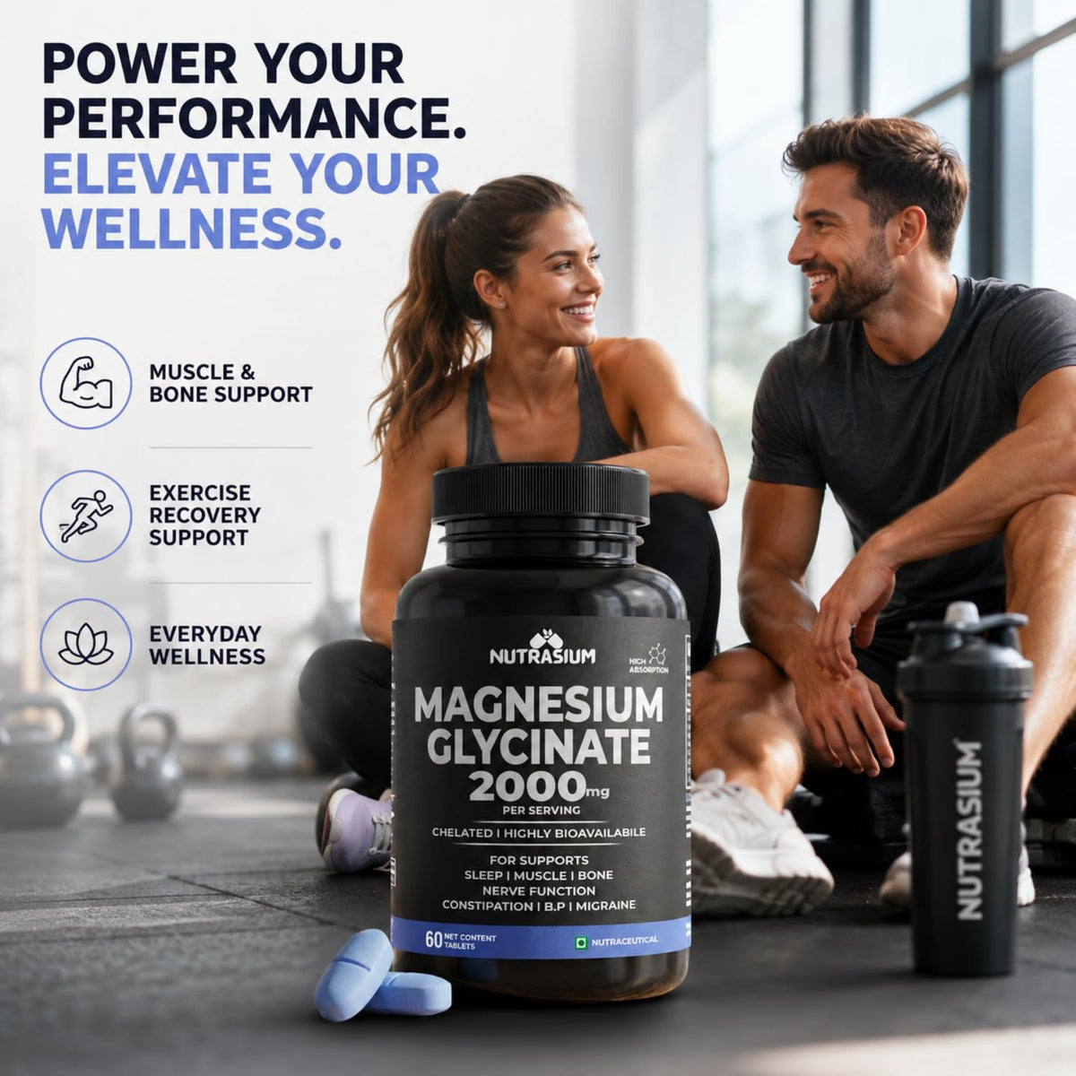 Nutrasium Magnesium glycinate 2000 mg Per Serving | Chealted & High Absorbtion | For Deep Natural Sleep, Muscle Relaxation, Supports Heart & Nerve Function | 60 Tablets