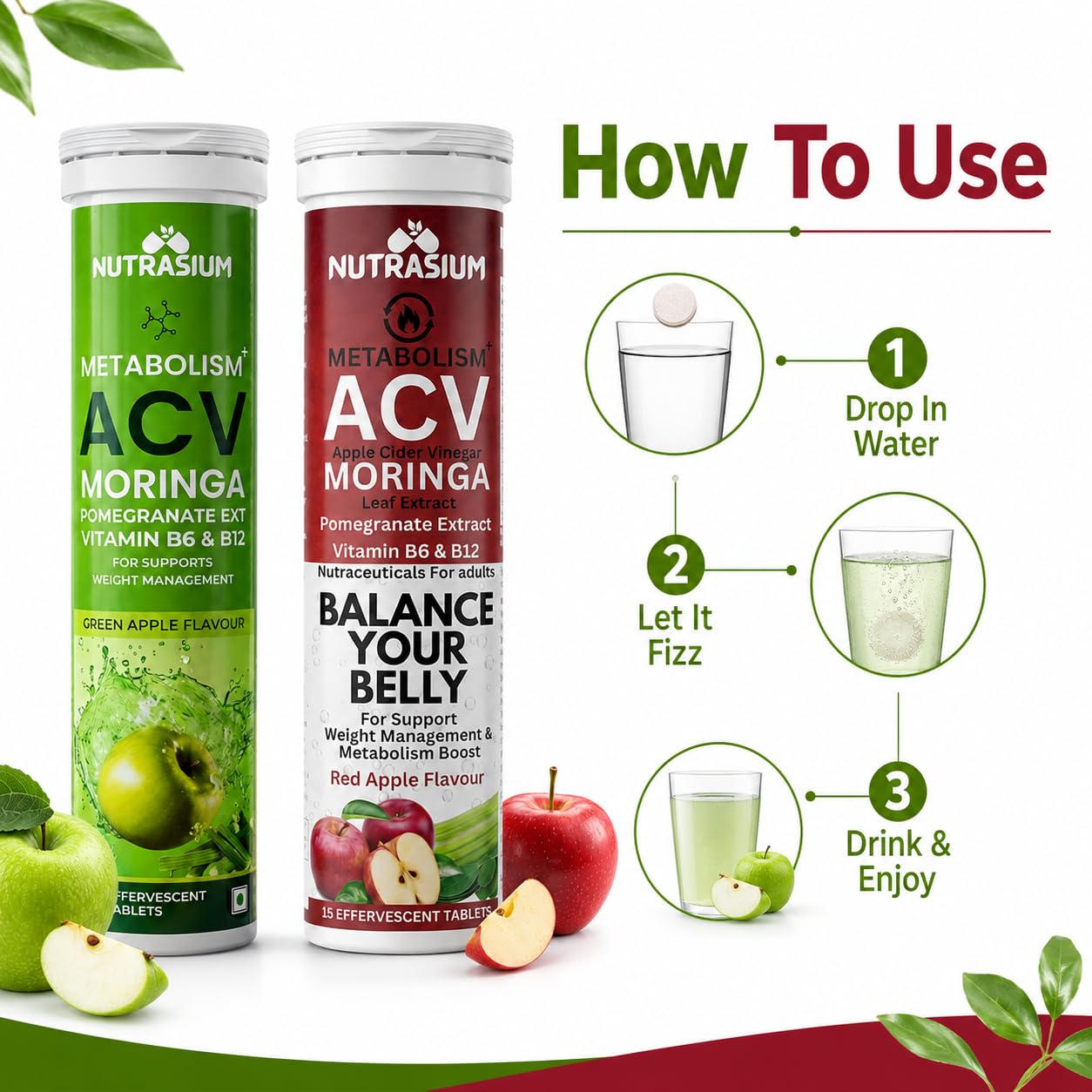 Nutrasium ACV Moringa Metabolism Plus | Apple Cider Vinegar Effervescent Tablet | For Supports Weight Loss, Control Cravings, Convert Fat Into Energy, Boost Energy & Immunity | 30 Tablets Mix Fruit
