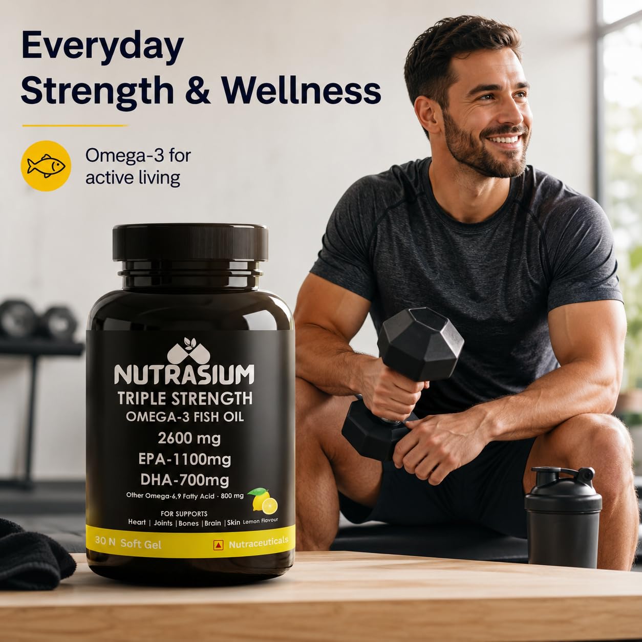 Nutrasium Omega-3 Fish Oil 2600mg | Triple Strength | Heart Brain Eye Joint Skin Bone | 30 Softgels