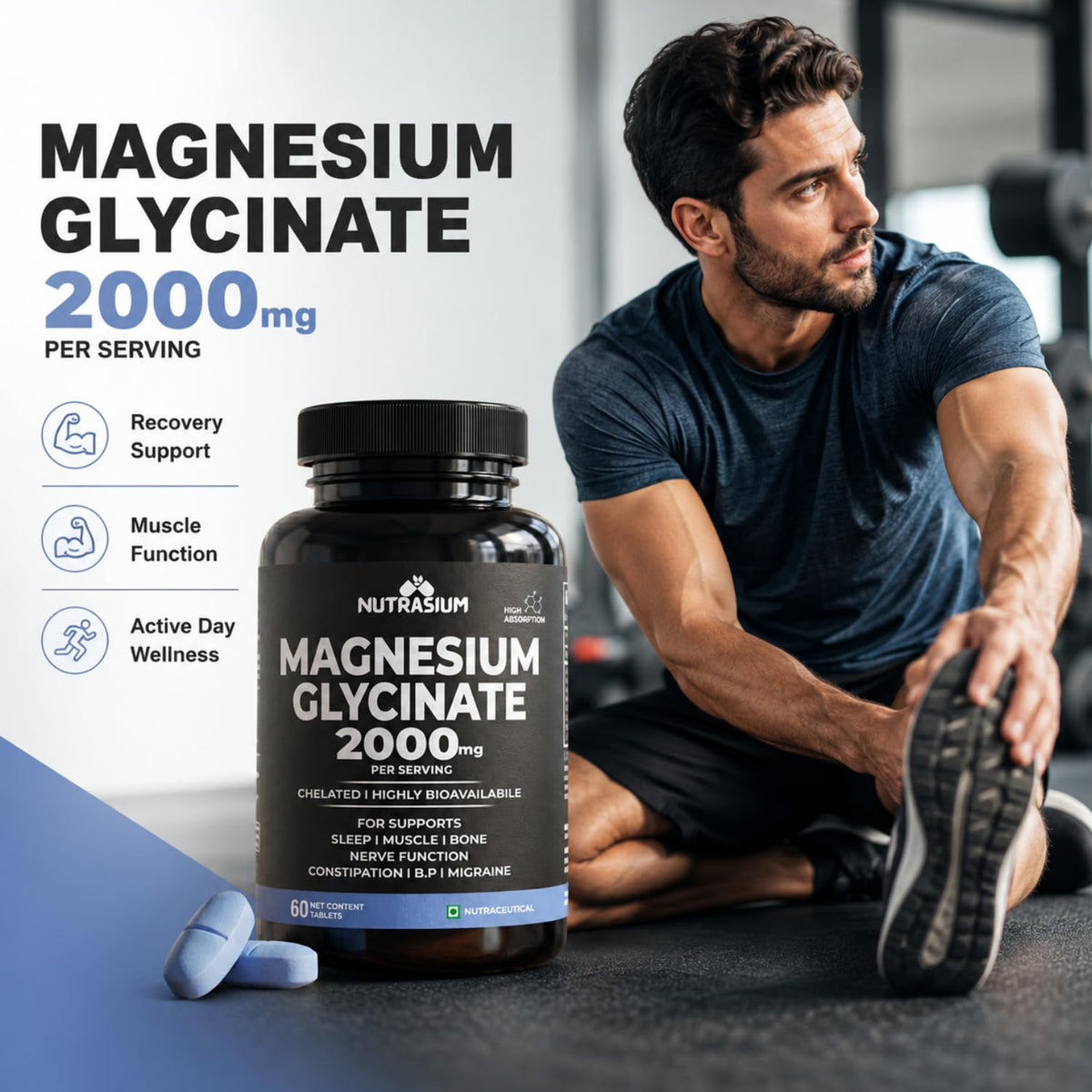 Nutrasium Magnesium glycinate 2000 mg Per Serving | Chealted & High Absorbtion | For Deep Natural Sleep, Muscle Relaxation, Supports Heart & Nerve Function | 60 Tablets