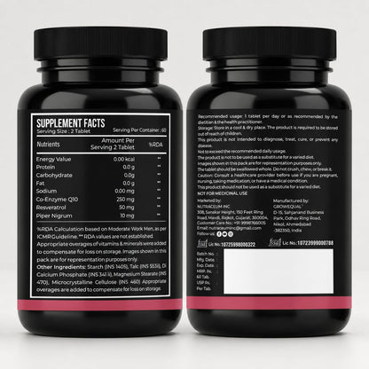 Nutrasium CoQ10 250 mg with Resveratrol | Coenzyme Q10 Supplement for Cellular Energy & Antioxidant Support | Veg Tablets | 60 Tablets | Co-Q10 Supplement