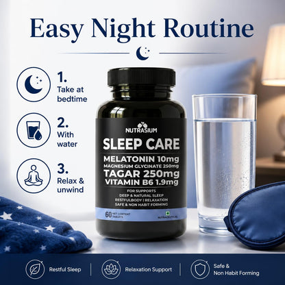 Nutrasium Melatonin 10 mg Sleeping Pill with Tagar 250 mg | Sleep Supplement for Men & Women | Melatonin Tablet for Restful & Deep Natural Sleeps | Sleep Care Tablets 120 (120 Tablets, Sleep Care)