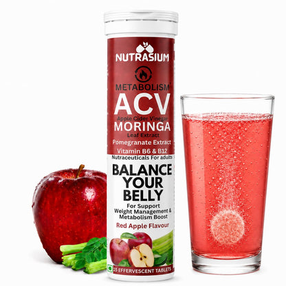 Nutrasium ACV Moringa Metabolism Plus Effervescent Tablets | Apple Cider Vinegar with Moringa | Supports Metabolism, Energy & Craving Control | Red Apple Flavour | 15 Tablets