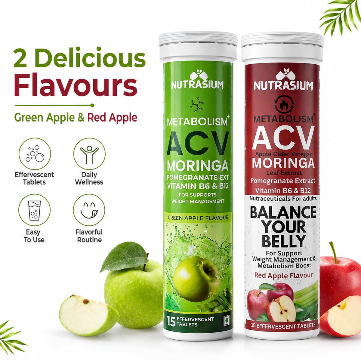 Nutrasium ACV Moringa Metabolism Plus | Apple Cider Vinegar Effervescent Tablet | For Supports Weight Loss, Control Cravings, Convert Fat Into Energy, Boost Energy & Immunity | 30 Tablets Mix Fruit