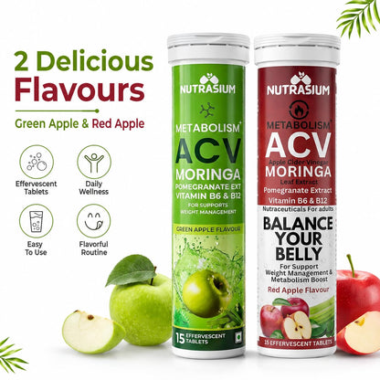 Nutrasium ACV Moringa Metabolism Plus | Apple Cider Vinegar Effervescent Tablet | For Supports Weight Loss, Control Cravings, Convert Fat Into Energy, Boost Energy & Immunity | 30 Tablets Mix Fruit