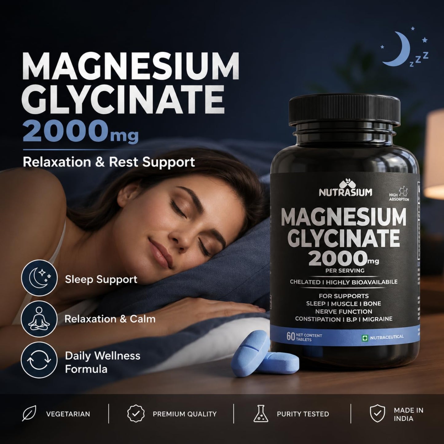 Nutrasium Magnesium glycinate 2000 mg Per Serving | Chealted & High Absorbtion | For Deep Natural Sleep, Muscle Relaxation, Supports Heart & Nerve Function | 60 Tablets