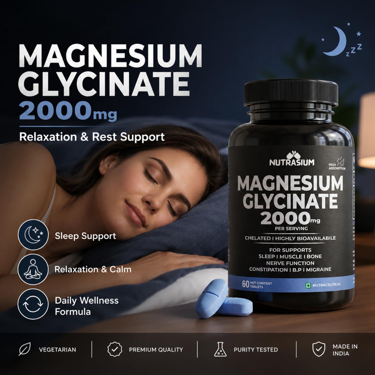 Nutrasium Magnesium glycinate 2000 mg Per Serving | Chealted & High Absorbtion | For Deep Natural Sleep, Muscle Relaxation, Supports Heart & Nerve Function | 60 Tablets