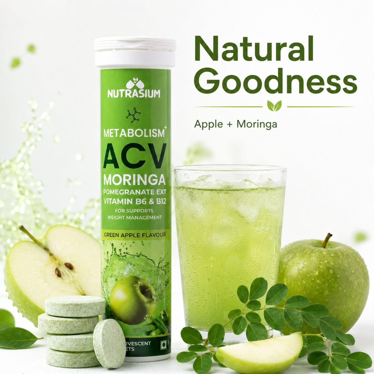 Nutrasium ACV Moringa Metabolism Plus | Apple Cider Vinegar Effervescent Tablet | For Supports Weight Loss, Control Cravings, Convert Fat Into Energy, Boost Energy & Immunity | 30 Tablets Green apple
