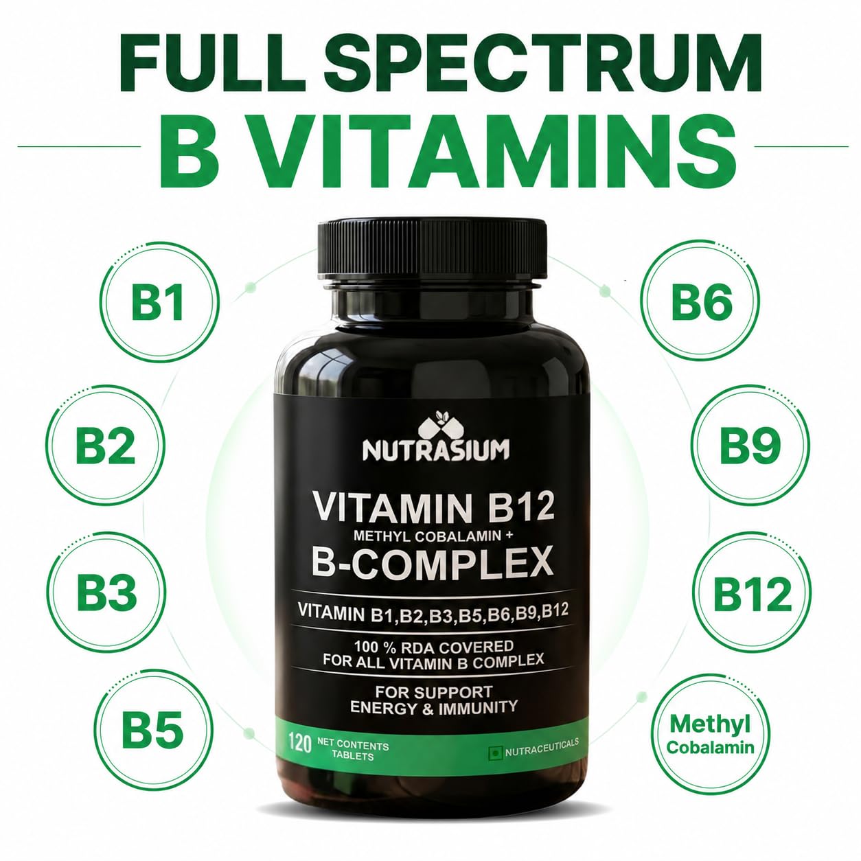 Nutrasium Vitamin B12 with B-Complex Tablets - 100% RDA for B Vitamins with B1, B2, B3, B5, B6, B9 & Vitamin B12 | Vitamin B Complex Supplements for Women & Men - 120 Vegetarian Tablets