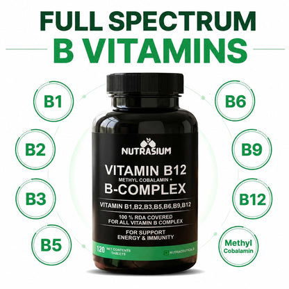 Nutrasium Vitamin B12 with B-Complex Tablets - 100% RDA for B Vitamins with B1, B2, B3, B5, B6, B9 & Vitamin B12 | Vitamin B Complex Supplements for Women & Men - 120 Vegetarian Tablets