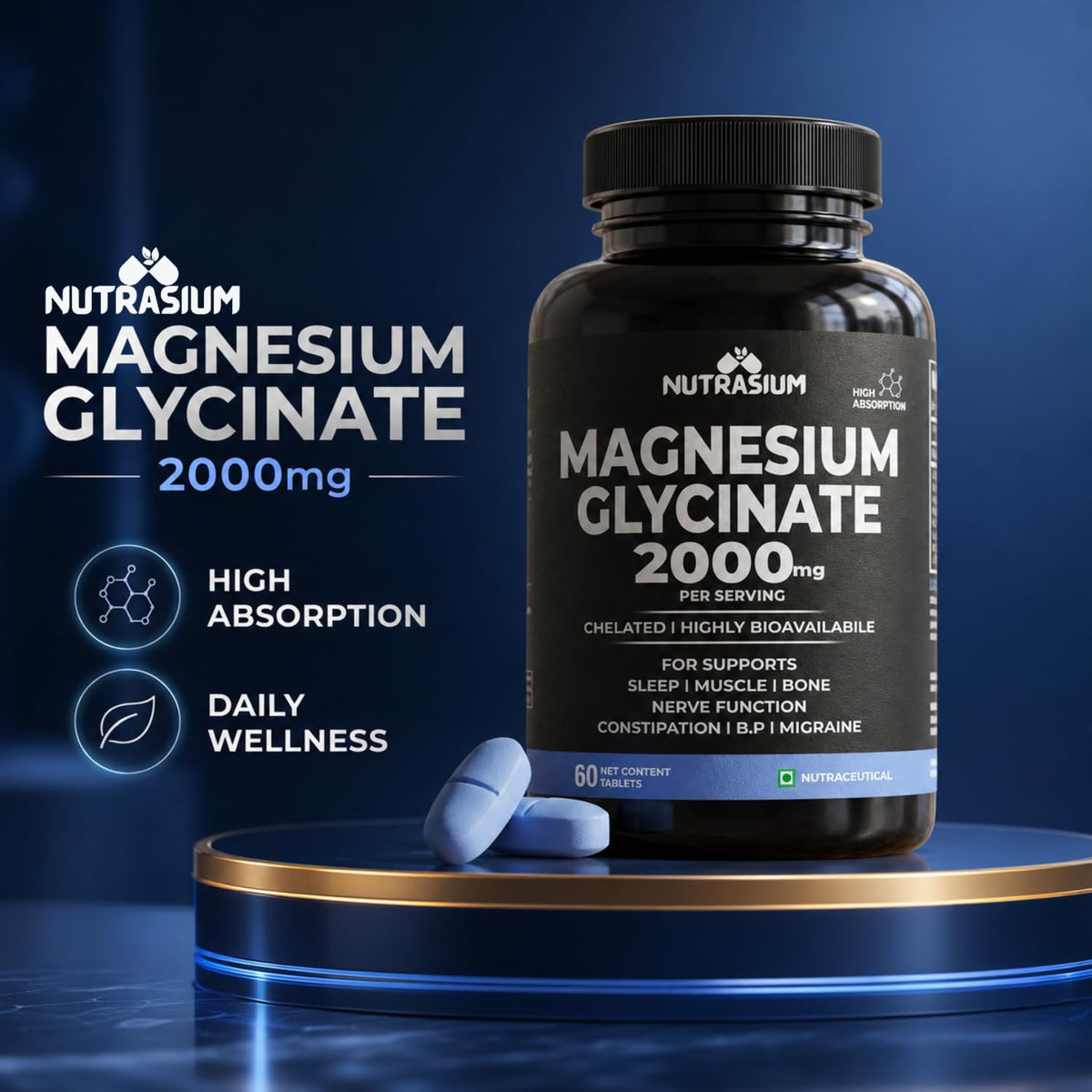 Nutrasium Magnesium glycinate 2000 mg Per Serving | Chealted & High Absorbtion | For Deep Natural Sleep, Muscle Relaxation, Supports Heart & Nerve Function | 60 Tablets