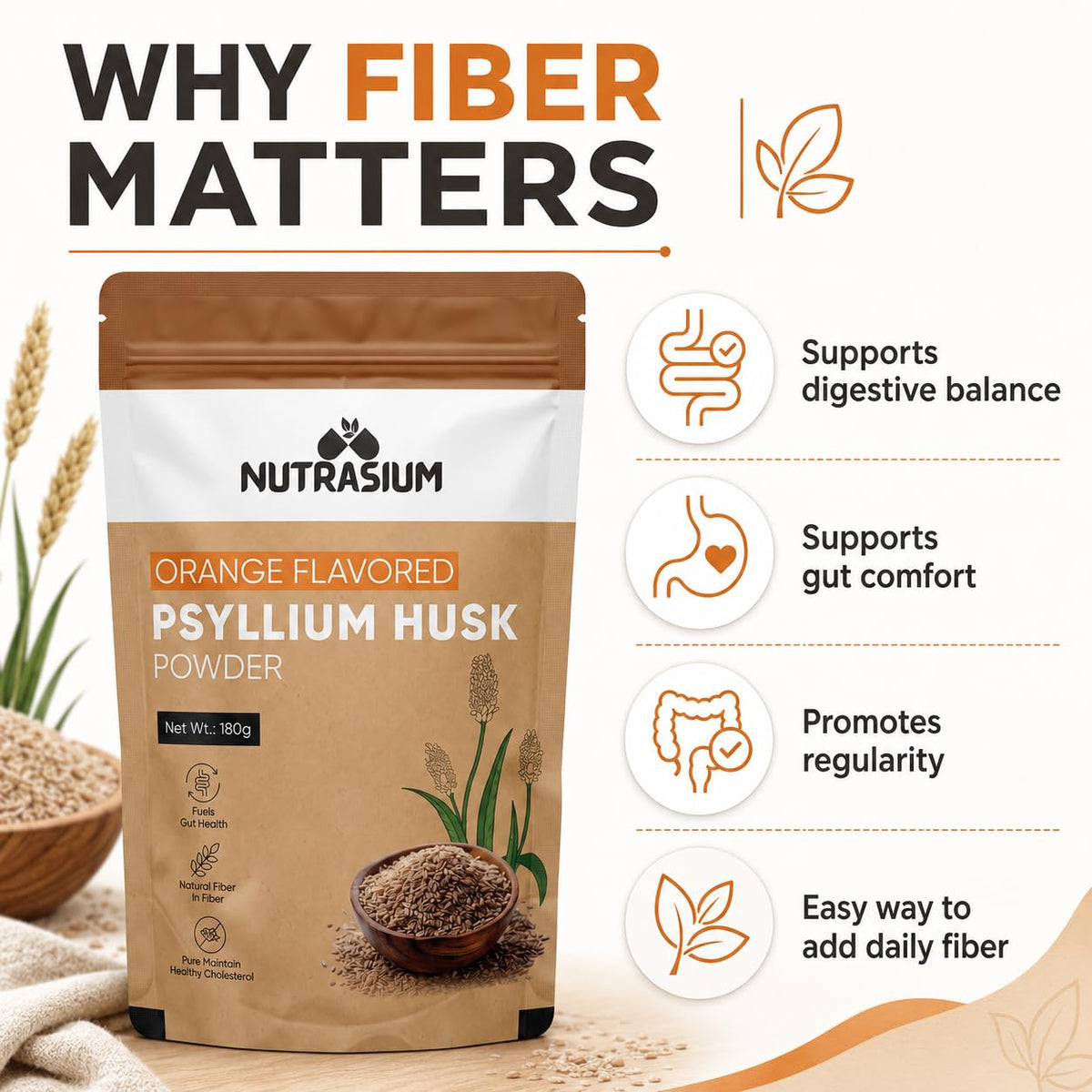Nutrasium Psyllium Husk Powder 360g (Pack of 2) | Isabgol | Natural Dietary Fiber | Supports Digestive Health & Regularity
