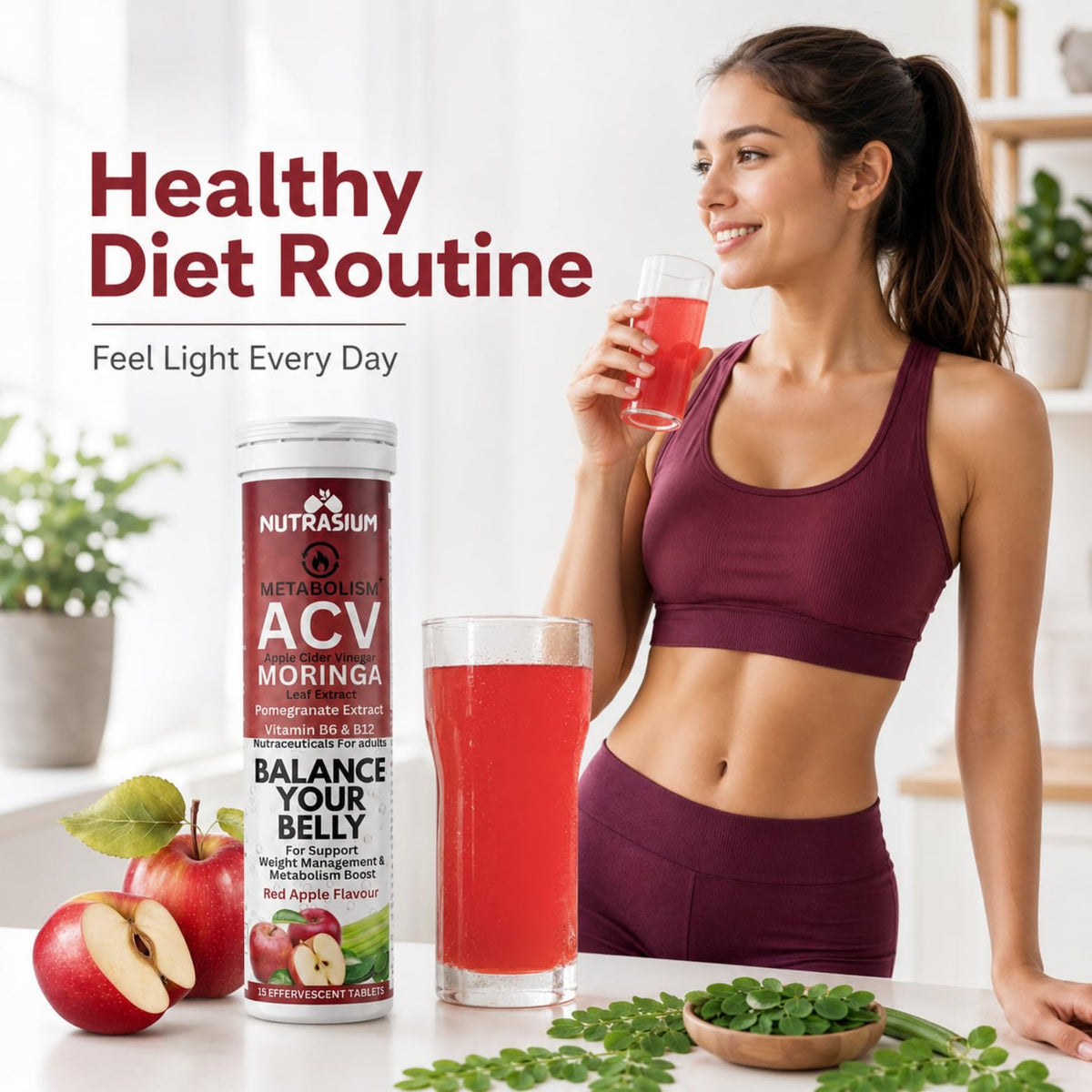 Nutrasium ACV Moringa Metabolism Plus Effervescent Tablets | Apple Cider Vinegar with Moringa | Supports Metabolism, Energy & Craving Control | Red Apple Flavour | 15 Tablets