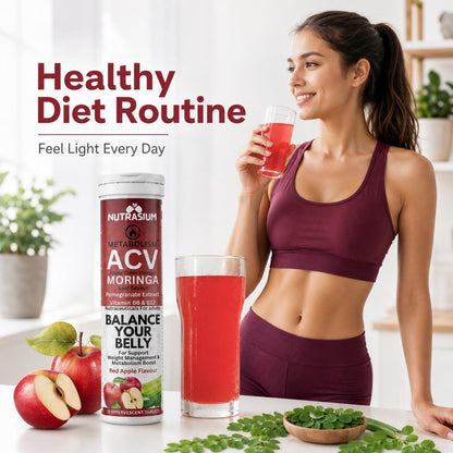 Nutrasium ACV Moringa Metabolism Plus | Apple Cider Vinegar Effervescent Tablet | For Supports Weight Loss, Control Cravings, Convert Fat Into Energy, Boost Energy & Immunity | 60 Tablets Red Apple