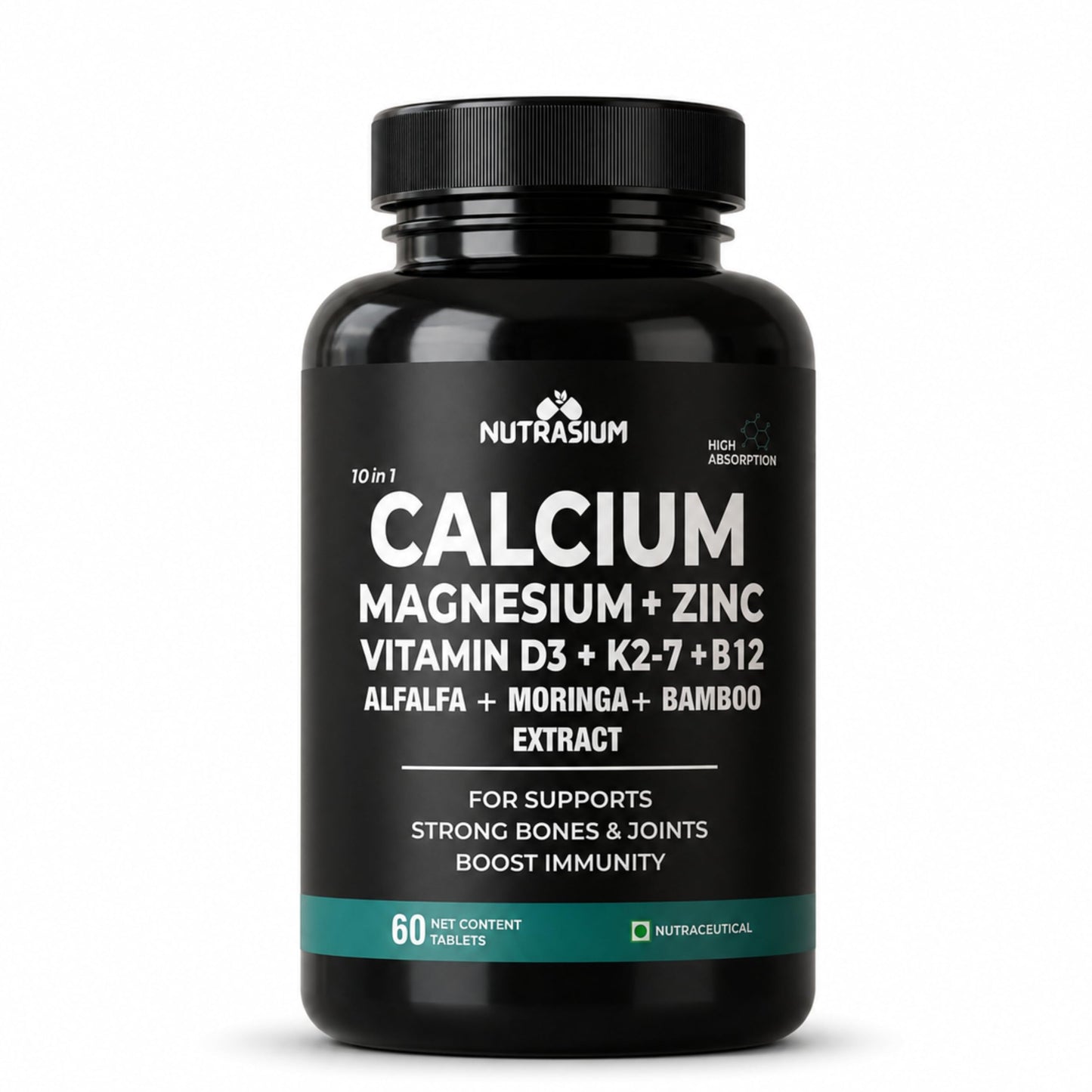Nutrasium Calcium Magnesium Zinc Tablets with Vitamin D3, Vitamin K2-7 & Vitamin B12 | Alfalfa, Moringa & Bamboo Extract | High Absorption Mineral & Vitamin Supplement | 60 Tablets