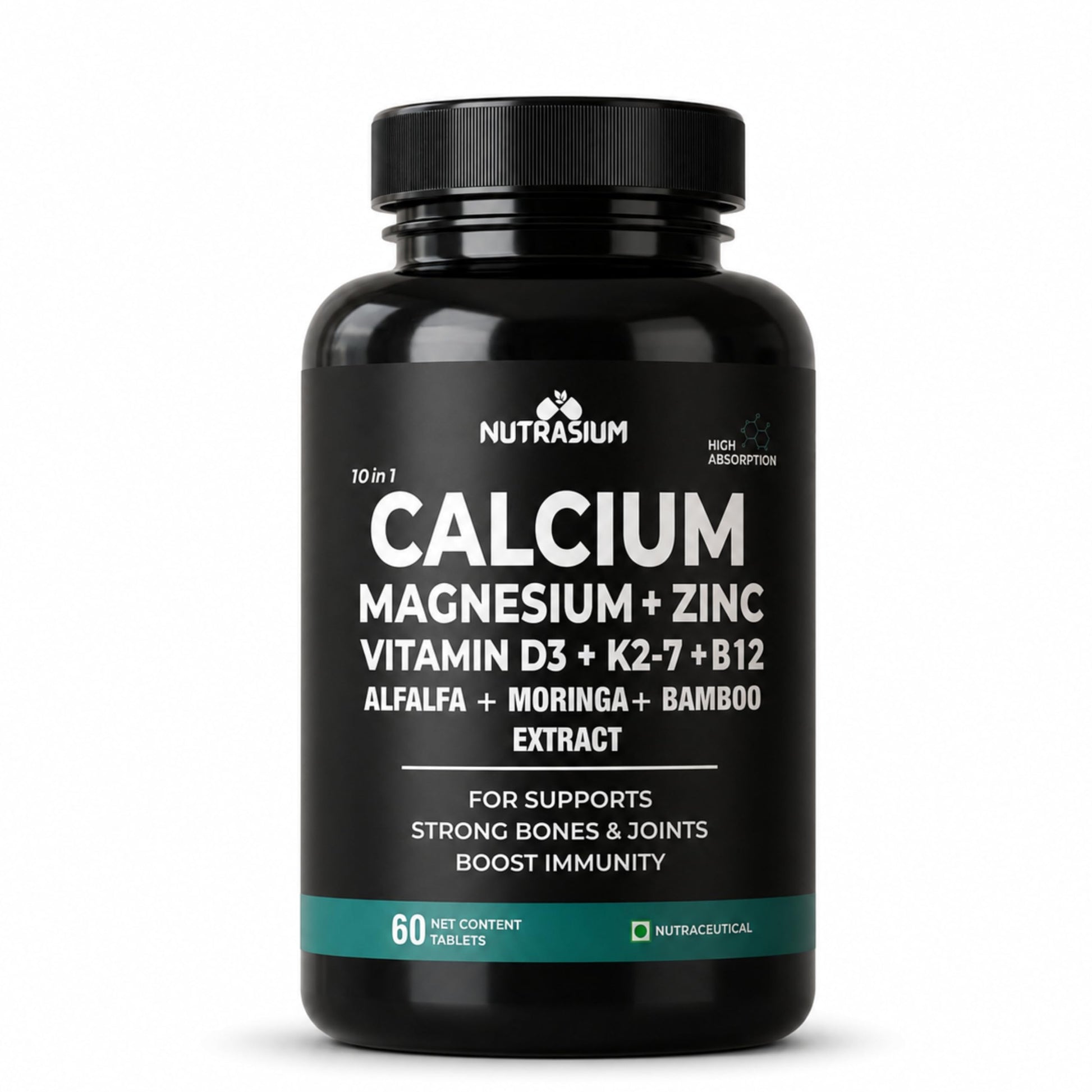 Nutrasium Calcium Magnesium Zinc Tablets with Vitamin D3, Vitamin K2-7 & Vitamin B12 | Alfalfa, Moringa & Bamboo Extract | High Absorption Mineral & Vitamin Supplement | 60 Tablets