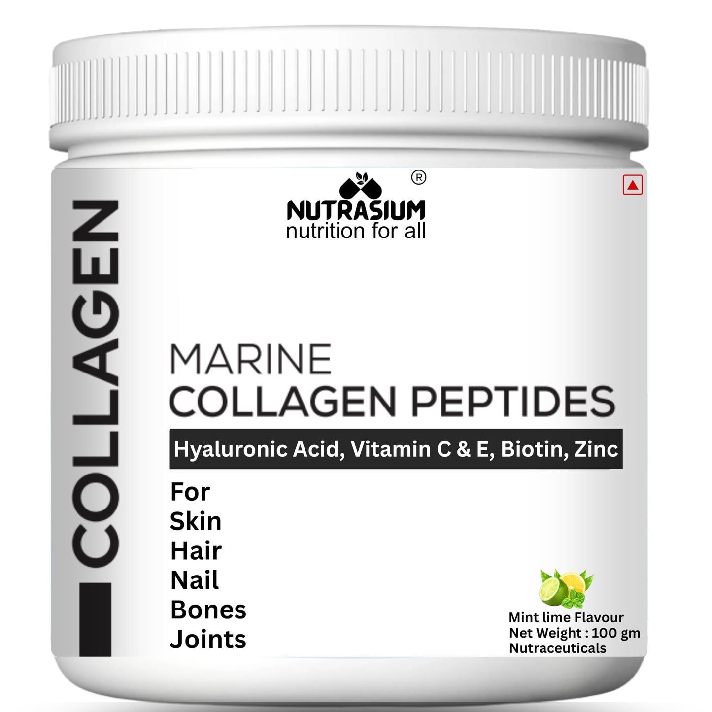 Nutrasium Marine Collagen Supplement with Vitamin C & Hyaluronic acid for Men & Women | Skin, Joints, Hair & Nails | Hydrolyzed Peptides Fast Absorption | Added Biotin & Zinc | 100 Gram Refrashing Lemin Mint Flavour